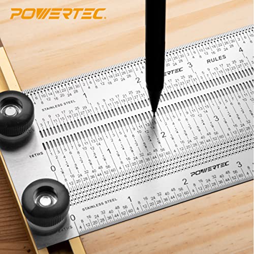 POWERTEC 6'' & 12'' Stainless Steel Precision Marking T-Square, T Rule w/Pencil for Measuring, Scribing, Setting Up Bits Height, Woodworking & Crafting Marking Tools for Drill Press,Table Saw 80032 - style: 6" & 12" T Square