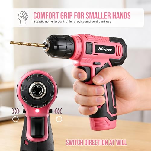 Hi-Spec 8V USB Power Drill Driver Bit Set with Hanging Kit for DIY, Pink - color: Pink