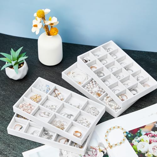 Junkin 12 Pcs Velvet Jewelry Organizer Tray, Stackable Storage - color: White