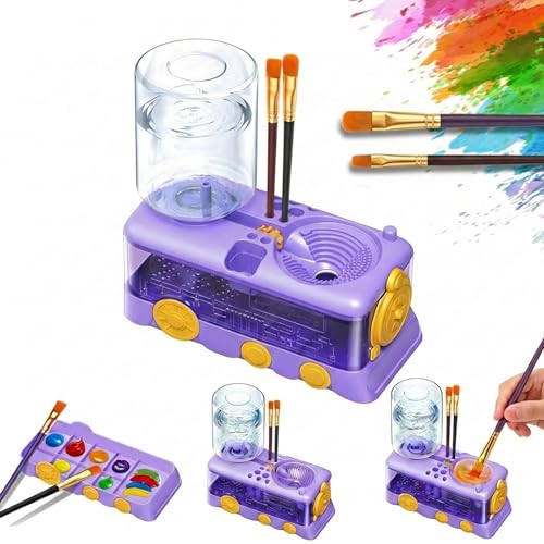 Paint Brush Cleaner with Press-to-Clean Design, All-in-1 Brush Rinsing Station with Built-in Holder & Tray, Water Dispenser for Acrylic Watercolor Painting, Art Supplies Gift for Artists Kids Adults - color: 02 New Purple