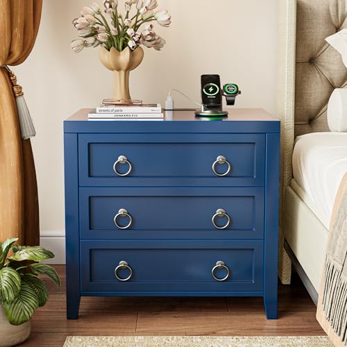 Huuger Paint Night Stand with Charger Station, 3 Drawer Nightstand Set of 2 - color: Blue