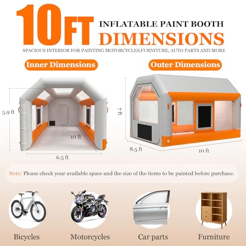 10x8.5x7ft Inflatable Paint Booth, Light Water-Resistant 210D Oxford Portable Spray Booth with Powerful Blower, Professional Mobile Workshop for Car Parts Furniture Crafts - size: 10*8.5*7 ft