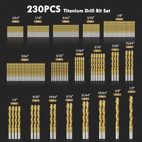 230Pcs(3/64" - 1/2") Titanium Twist Drill Bit Set - size: 3/64" - 1/2" - 230pcs HSS