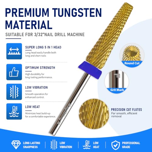 Medium 24mm Super Long 5-in-1 Nail Drill Bit, 3/32”, Two-Way Rotation - color: Gold-24mm Long, size: Medium