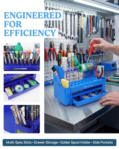 Multifunctional Repair Tool Organizer - ABS Storage Rack with DrawerScrewdriver Slots & Side Compartments for Electronics, RC Hobby & Workbench Organization-Blue