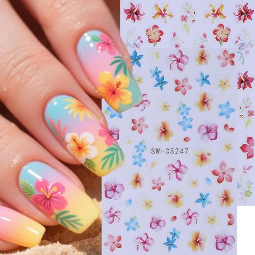 3D Flower Nail Stickers Decals 12 Sheets Spring Summer Floral Butterfly Ocean Nail Art Decals Self-Adhesive Tropical Hibiscus Fish Sea Star DIY Nails Decoration Manicure Accessories for Women - style: Tropical Flower