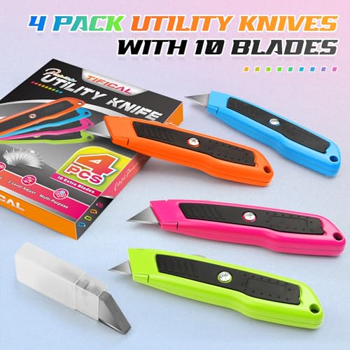 4Pack Box Cutter Retractable, Utility Knife with Extra 10 Blades
