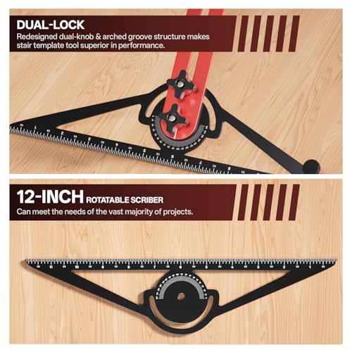 Stair Tread Template Tool, 10" to 67" Adjustable Aluminum Stair Tread Jig, Precision Angle Length Depth Measuring Gauge Tool for Floors Cabinets Woodworking Construction,Includes Storage Bag