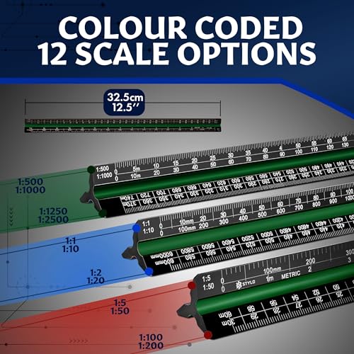 Stylo Architectural Scale Ruler, 12 Inch Aluminum, Black Metric - color: Black, size: 12 inch (Metric)