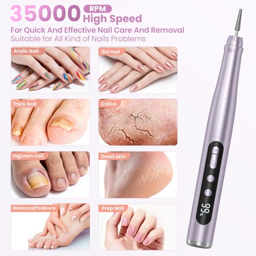 Hoxida Cordless Nail Drill 35000RPM , Rechargeable Nail File LCD Display - color: Purple