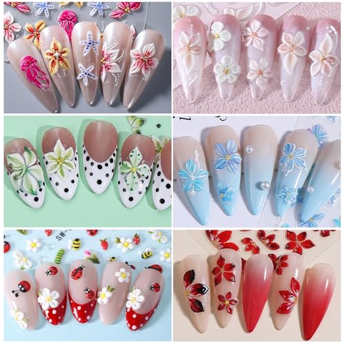 Flower Nail Art Stickers Decals 6 PCS 5D Embossed Hibiscus Decals for Nails Art Lily Hibiscus Starfish Jellyfish Daisy Bee Ladybugs Designs Summer Tropical Floral Nail Decoration for Women - style: 5D Hibiscus Flower