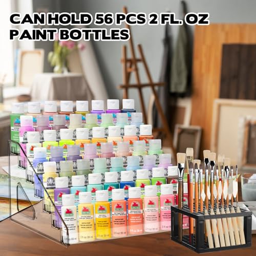YEXEXINM 4 Pcs Clear Paint Organizer With 2 Pcs Paint Brush Holder,7 Layers Acrylic Paints Organizer Storage Rack,Craft Paints Organizers Rack - size: Clear