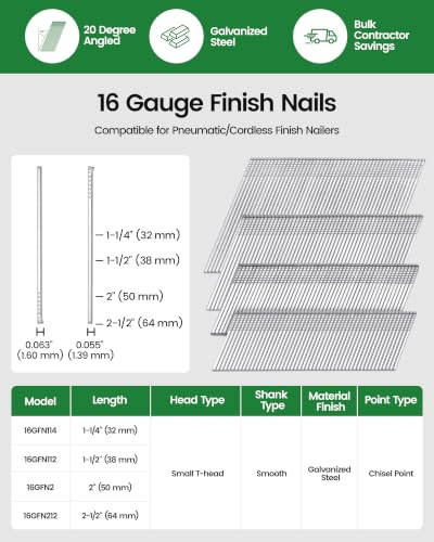 meite 16 Gauge Finish Nails 2 Inch Galvanized 20 Degree Angled 500PCS - size: 2 Inch