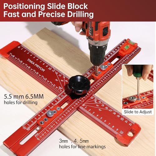 14in Woodworking Scriber Marking Line Ruler, Adjustable Aluminum Alloy Sliding T-Square Ruler,Precision Line Drawing aid Ruler with Angle Adjustment Scale Drilling Positioning (Red)