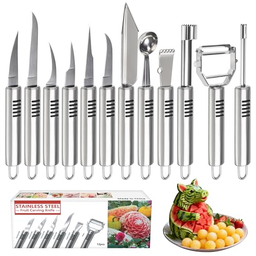 BURLIHOME 12Pcs Fruit&Veggie Carving Knife Set,Garnish Tool,Stainless Steel