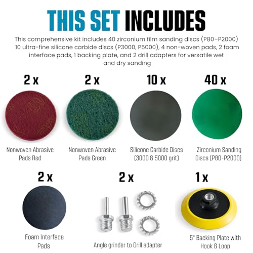 5in Wet Dry Sanding Disc Kit for Drill and Angle Grinder, 80 to 5000 Grit
