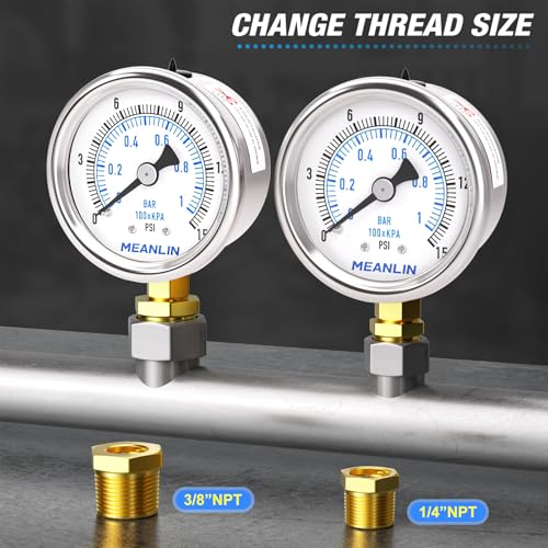 MEANLIN MEASURE 0~15Psi Dry Low Pressure Gauge Stainless Steel 1/" NPT 2" FACE DIAL Waterproof for Water Oil Air Well Pump Tank Tire Pressure Test Lower Mount, with 1/4" NPT and 3/8" NPT Hex Bushing - size: 0-15Psi