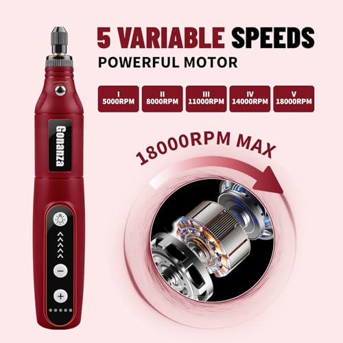 GONANZA Mini Cordless Rotary Tool Kit - 5-Speed, 3.7V Power Supply with LED Light 62 Accessories for Engraving, Sanding, Polishing, Type-C Rechargeable Perfect for DIY Crafts and Precision Work(Red)