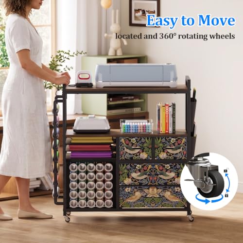Rolling Craft Organizer and Storage Compatible with Cricut Machine Cart - color: Rustic Brown (Strawberry Thief)