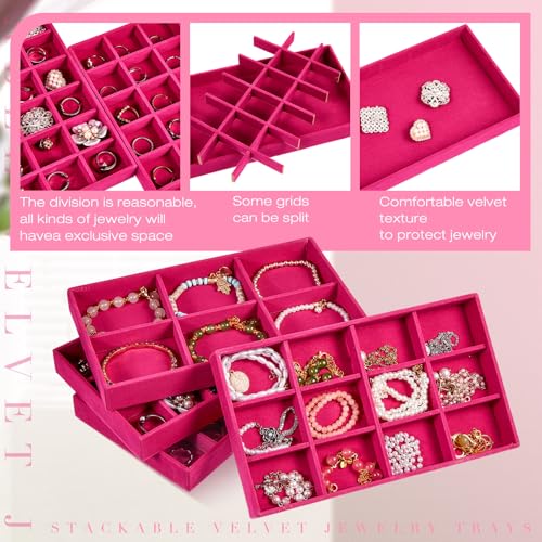 Junkin 12 Pcs Velvet Jewelry Organizer Tray, Stackable Storage - color: Rose Red