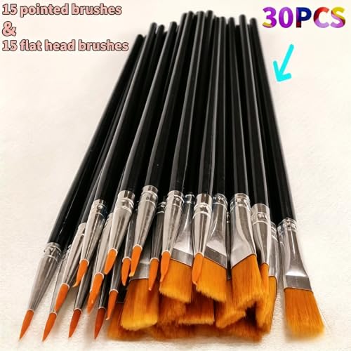30PCS Detail Paint Brush Set, 15 Pointed & 15 Flat Nylon Brushes for Watercolor, Acrylic & Oil Painting, Miniature, Model, Nail Art & DIY Craft (Black 30pcs) - color: Black 30pcs