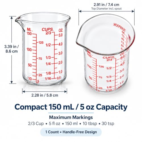 Ackers BORO3.3 Glass Measuring Cup, V-Shaped Spout, 150 mL / 5 oz, Single - size: 150 ML (5 Oz)-SINGLE