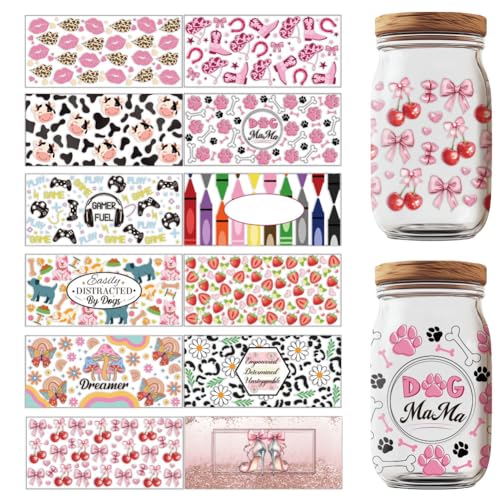 12 Sheets Transfers Stickers, Rub on Transfers Flower Game Western Country Theme Cup Wraps Decal Waterproof Printing UV Transfer Paper for 16 oz Glass Cups DIY Crafts - style: Mixed Shape