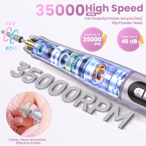 Hoxida Cordless Nail Drill 35000RPM , Rechargeable Nail File LCD Display - color: Purple