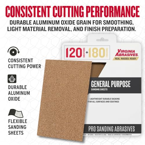 Sandpaper Sheets General Purpose Combo Pack, 9x11, 120/180 Grit, 10 Pack - style: Fine