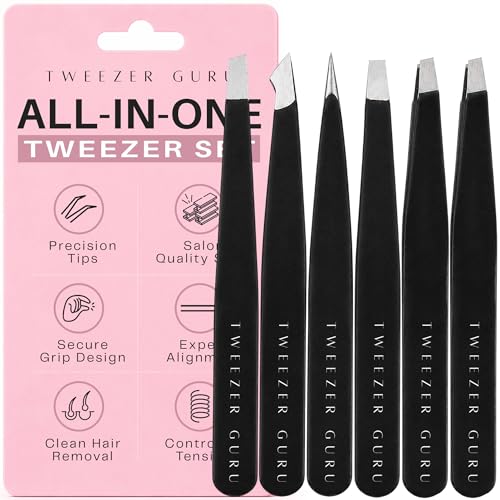 Tweezer Guru Eyebrow Tweezer Set for Women & Men - Professional Slant and Pointed Tweezers Set with Case - Precision Tweezers Kit for Facial Hair, Splinter and Ingrown Hair Removal (6 Pack)