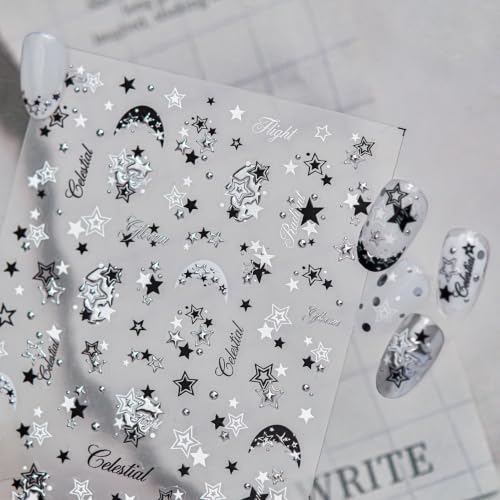 1 Sheet 5D Embossed Holographic Star Nail Stickers Metallic Shiny Star Nail Decals Self-Adhesive Cute Y2K Nail Stickers for Nail Art Black Silver Stars Nail Supplies for Women DIY Nail Decorations - color: Y2k Black Silver Star