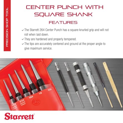 Starrett Steel Center Punch, 4-1/4" Length, 5/32" Dia - size: 4-1/4" Length; 5/32" Diameter