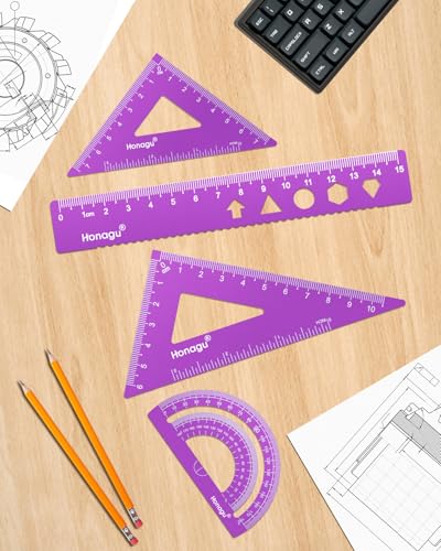 Honagu Triangular Ruler Set, 4 Pieces Aluminum Alloy Ruler, Metal Drafting Ruler, Geometric Protractor for Students,Teacher, Draftsmen, Engineers,Gift Stocking Stuffers for Kids(15cm/5.9inch, Purple) - color: Purple, size: 15cm