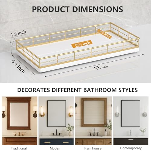Toilet Paper Basket Organizer, Oak Wood Toilet Tank Tray with Metal Frame - color: Gold & White, size: 13" x 6.5" x 2"