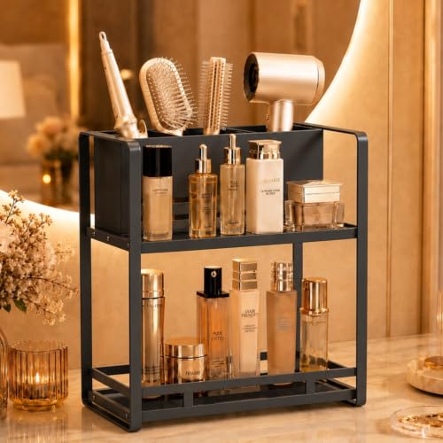 Bathroom Counter Organizer, Metal Vanity Shelf with Hair Dryer Holder - color: carbon black
