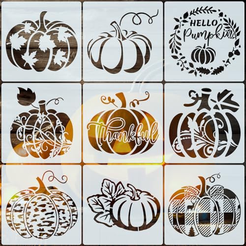 Fall Stencils for Painting 8inch Reusable Pumpkin Stencils 9pcs for Thanksgiving Autumn for DIY Craft Fabric Wood Slice Furniture Floors Wall Home Decor