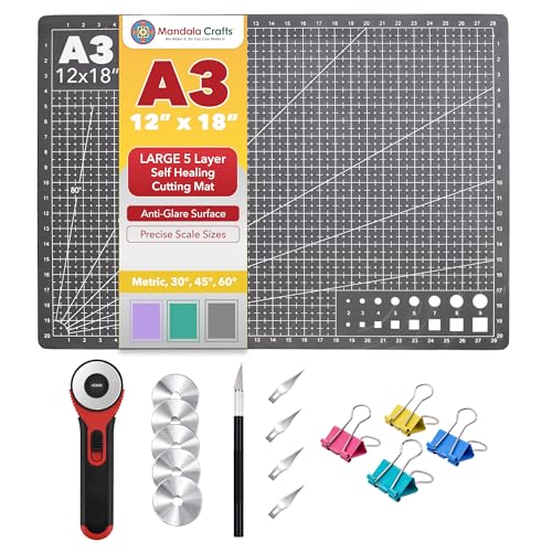 Mandala Crafts Self-Healing Black Gray 12" x 18" A3 Sewing Cutting Mat Kit - color: Black Combo, size: 12 x 18 Inches Mat Combo