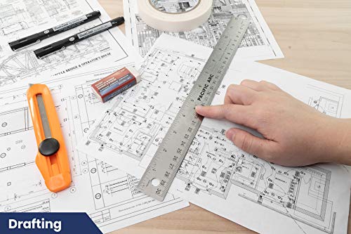 Pacific Arc Stainless Steel 12 Inch Metal Ruler Non-Slip Cork Back, with Inch and Metric Graduations - style: 12"