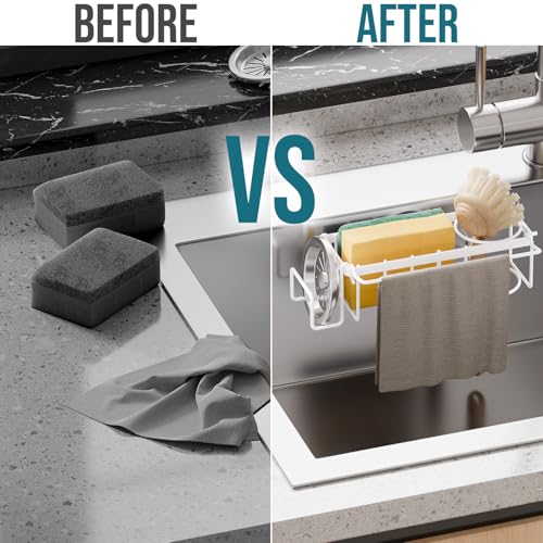 TAILI 4-in-1 Sponge Holder for Kitchen Sink with Strong Suction Cup-White - color: White, size: 7.28" x 2.36"