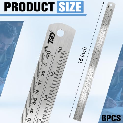 6 Pcs 16 Inch Stainless Steel Rulers with Inch/Metric Conversion - size: 16 Inch