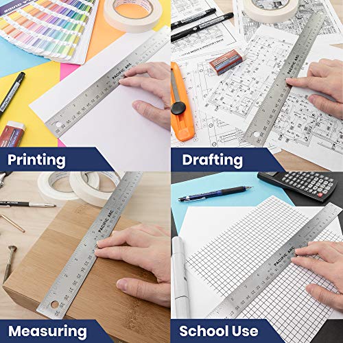 Pacific Arc Stainless Steel 12 Inch Metal Ruler Non-Slip Cork Back, with Inch and Metric Graduations - style: 12"