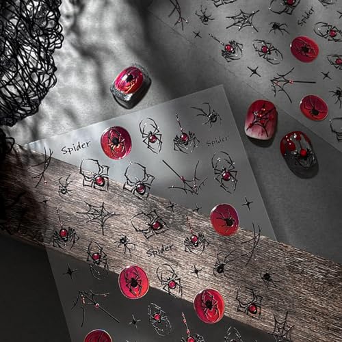 1 Sheet Halloween Nail Stickers for Nail Art 5D Gothic Spider Nail Art Stickers Goth Metal Spider Web Black Spider Nail Design Horror Halloween Nails Supplies for Women DIY Manicure Accessories - color: Gothic Spider