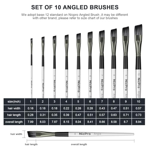 Nicpro 10 PCS Angular Paint Brush Set for Acrylic, Watercolor, Oil, Gouache - size: 10PCS - Angular