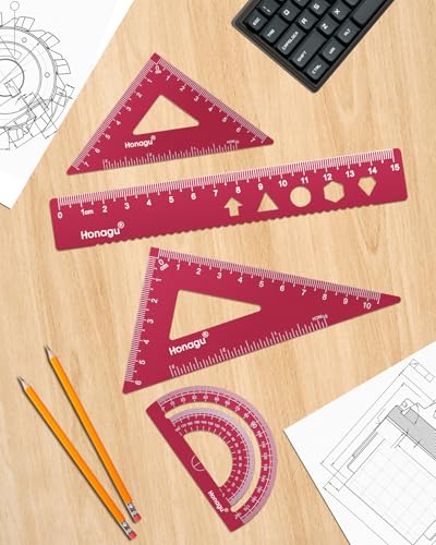 Honagu Triangular Ruler Set, 4 PC Metal Drafting Ruler, Geometric Protractor, Measuring Drawing Tool for Students, Teachers, Draftsmen, Engineers, Home School Office Supplies (15cm/5.9inches, Red) - color: Red, size: 15cm