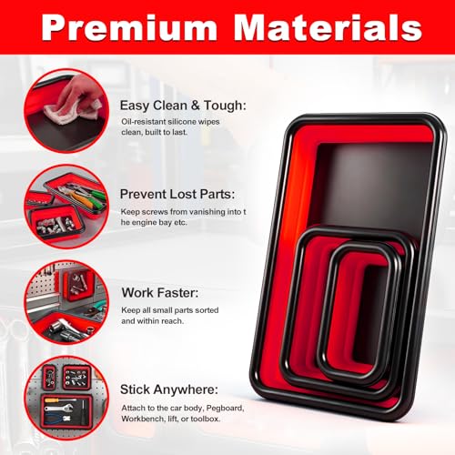 Collapsible Magnetic Parts Tray Set, 3 Different Sizes，Red - color: Red