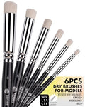 6-Piece Dry Brush Set - Model Paint Brushes, Professional Miniature Painting Brushes, Sleek Black Handles, Chrome Ferrules, Round Synthetic Bristles & Includes Storage Sleeve for Organization