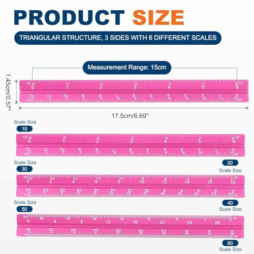 HARFINGTON 2Pcs Architectural Scale Ruler 7" Large Scale Laser Rose Red - color: Rose Red, size: 7 Inch