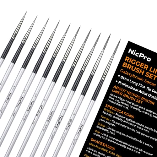 Nicpro 10 PCS Rigger Liner Paint Brush Set for Watercolor, Gouache, Acrylic - size: 10 PCS - Rigger
