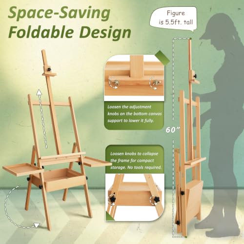 Beech Wood H-Frame Art Easel Stand, 57"-72" Height Adjustable Wooden Easel - color: Natural Wood