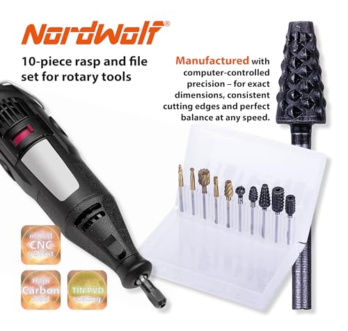 NordWolf 10-Piece Rotary Burr Rasp Files Set for Rotary Tools, with 1/8" Straight Shank for Wood Carving, Deburring, Shaping & Grooving in Storage Case - size: 1/8" Straight Shank (10 Pcs)